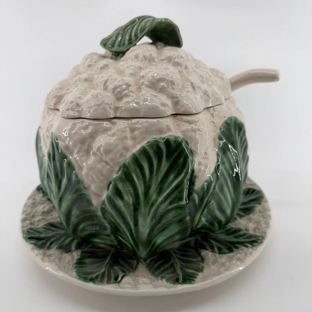 Vintage Portugal Ceramic Cauliflower Tureen Set Lid Ladle Underplate Majolica